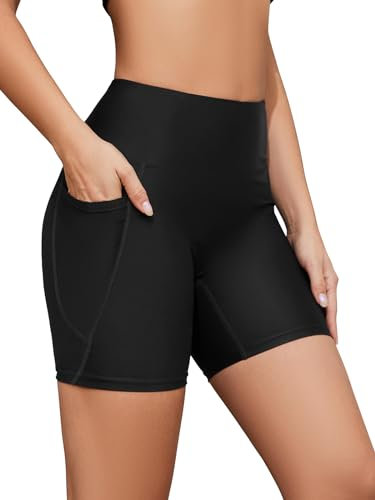 SHEKINI Damen Badeshorts Hohe Taille Badehose Schnell Trocknendes Sporty Kurze Leggings Bikinihose Radlerhose Schwimmhose Strandhose（M，Schwarz）