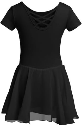 DGSHIRLDJO Kinder Ballettkleidung Mädchen Kurzarm Baumwolle Ballettkleid Balletttrikot Tanzkleid Tanzbody mit Chiffon Rock Tütü (DE/NL/SE/PL, Numerisch, 150, Regular, schwarz)