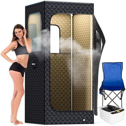 Adamson Sauna Indoor - Dampfsauna für zuhause - Saunazelt für Entspannung im Heim-Spa + 2,6L 1000W Dampfgerät + Stuhl + Fernbedienung + Fußmassager - Schwarz