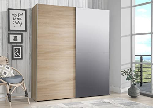 Forte KAIKAIS klassischer Kleiderschrank 170, Schwebetürenschrank Skandinavisch mit Spiegel, 2-türig, Sonoma Eiche Holzdekor, 170 cm breit x 190,5 cm hoch x 61cm tief
