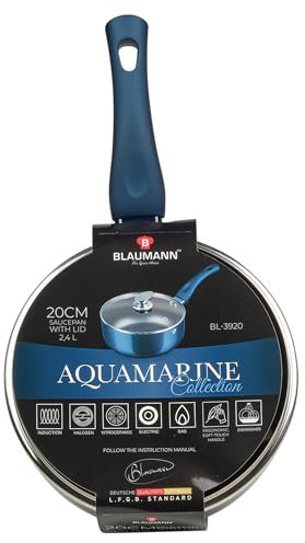 BLAUMANN Cookware Frying Grill Pots Pan Saucepan Casserole Soft Touch Handle Lid (Aquamarine, 20x8.5cm Saucepan with Glass L...)
