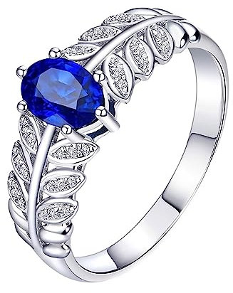 Schmuck Damen Ringe, Gold Ring 18 Karat Blätter 6 Prong Labor Geschaffener Saphir 0.36ct Ovale Form Blau Trauringe Größe 45 (14.3) 18 Karat Weißgold