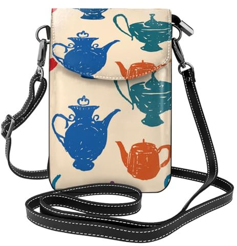 Women Crossbody Bag,PU Crossbody Wallet Purse Cell Phone Purse Small Shoulder Bag,Tea Pots Pattern