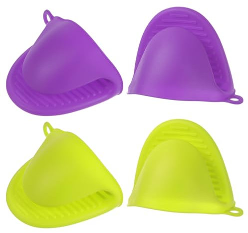 sourcing map 4pcs Mini Silicone Oven Mitts 110x85x70mm Small Heat Resistant Rubber Air Fryer Gloves for Kitchen Cooking and Baking, Light Green Purple
