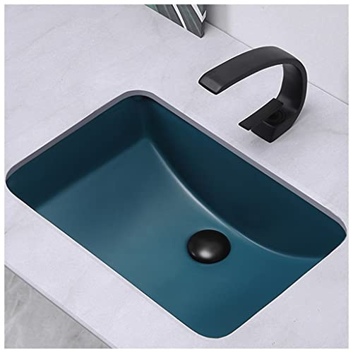 Dntum Matte Blue Ceramic Undercounter Washbasin Rectangle Lavatory Vanity Sink Bathroom Sink with Tap and Drain Kit, 45x35.5x20cm