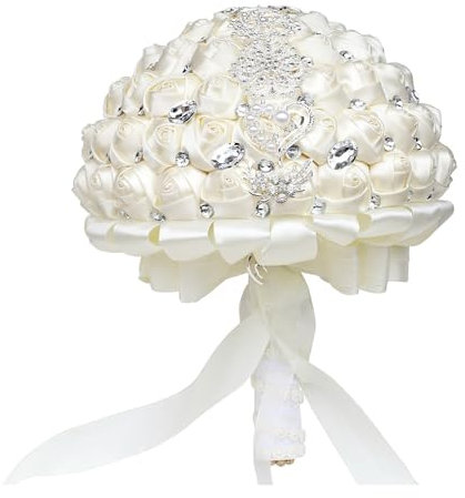 Fasksh Hochzeitsstrauß, elfenbeinfarben, Satin-Rose, 30 cm, künstliche Blumen, Brosche, Hochzeit, Strass, Brautsträuße