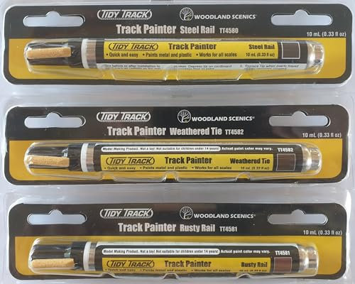 Woodland Scenics Set: TT4580 Stahlgleis TT4581 rostiges Gleis TT4582 verwitterte Gleisschwellen realistische Gestaltung von Schienen Gleisen Farbstift Gleismalstift-Set 3x10 ml Spur Z N TT H0