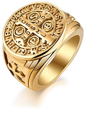 JewelryWe Herren Ring Kreuz Siegelring: Gold Edelstahl Heiliger St. Benedikt Katholische Exorzismus Schutzpatron Herrenring Vintage Religiöse Bandring Band Größe 54