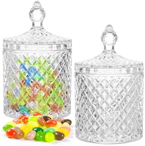 BLLREMIPSUR Crystal Glass Jars, 2Pcs Crystal Glass Candy Jar Candy Bowl Candy Glass Sweet Jars with Lid, Diamond Clear Snack Storage Container