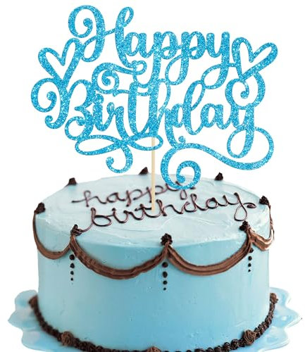 Gyufise 1Pcs Happy Birthday Cake Topper Glitter Cake Pick for Celebrating Anniversary Party Cake Decorations Supplies Lake Blue