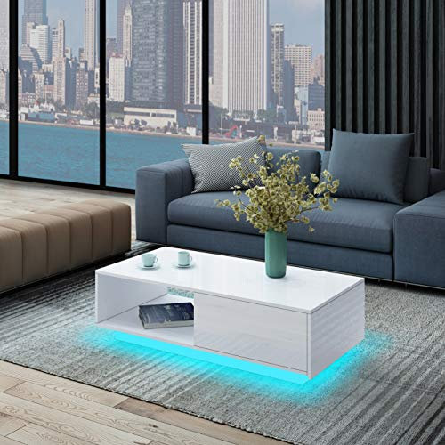 Moderner Couchtisch Weiß Hochglanz Kaffee Tee Tisch mit 1 Aufbewahrungs Schublade Mitteltisch mit LED Licht Set für Wohnzimmermöbel