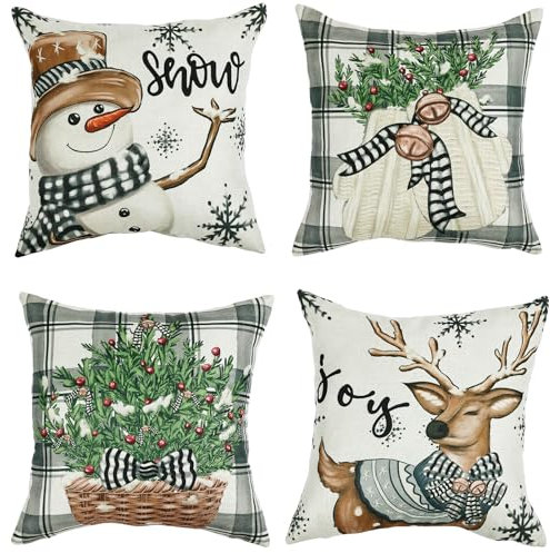 Joyoldelf 4er Set Kissenbezug Weihnachten - Schneemann Rentier Weihnachtsdeko Leinen Kissenbezüge 40x40 cm, Geeignet für Schlafzimmer Sofa Wohnzimmer Büro Kissenhüllen Deko (Grau Gitter)