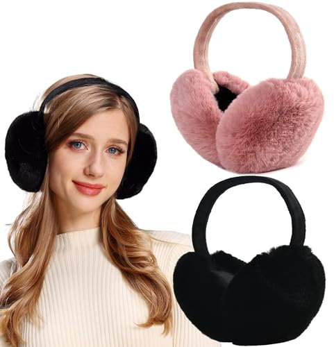 FSMILING 2 Stück Ohrenwärmer Damen Winter Ohrenschützer Verstellbar Ohrenschützer Plüsch for Damen Frauen Mädchen Herren Ear Warmers Earmuffs Für Outdoor(Rosa schwarz )