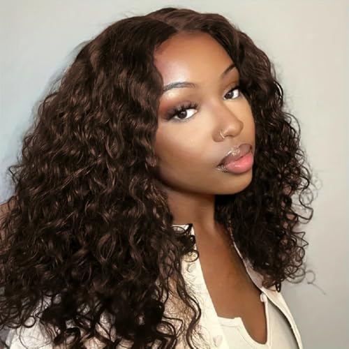 Bob Wig Human Hair Brasilianische Perücke 13x4 Lace Frontal Wig16Inch Brown | Deep Curly Swiss Lace Wig for Women Short Lace Wigs Locken Menschliches Haar Pre Plucked Natural Hairline Chocolate Brown