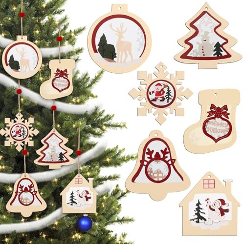 SEPGLITTER 24 Pcs Wooden Christmas Ornaments - Hanging Crafts Decorations for Xmas Home Decor (6 Styles)