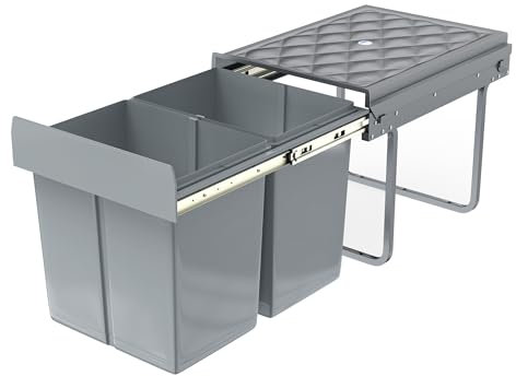FIVMEN Poubelle de cuisine encastrable à 2 compartiments extensibles avec rails télescopiques, système de tri sélectif, gris, 2 x 15 l