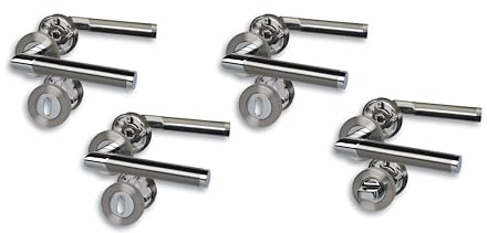 Rosettengarnitur Türbeschlag im 4er Set, Chrom/Edelstahlfärbig satiniert für 3 Zimmertüren mit Buntbartlochung und 1 Bad-WC-Tür, Schraubrosette Ø52mm, Türklinke, Türgriff