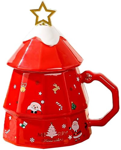 CUCUFA Tazas de Navidad, Taza de café de cerámica de 13.5 oz con Tapa, Tazas de café Rojo, Taza de árbol de Navidad, Taza de cerámica