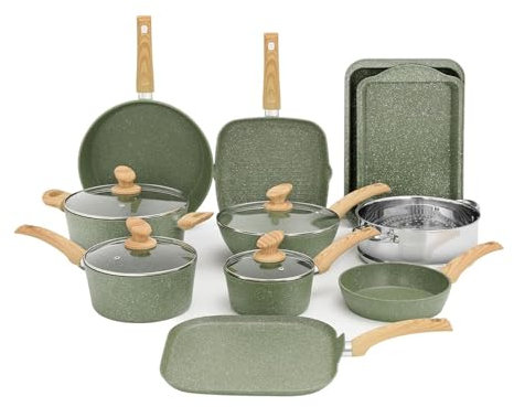 HJZSZX 17 Pieces Induction Cookware Set Green Granite Pots and Pans Set Nonstick Cooking Pans Set,17 pc,One