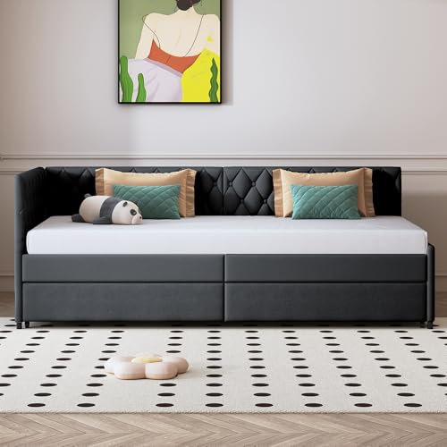 KeepGoon Polsterbett,90 x 200cm Ausziehbares Schlafsofa, Multifunktionsbett mit Lattenrost, Einzelbett, Tagesbett, Jugendbetten Kinderbetten Gästebetten Samtstoff, Ohne Matratze (Grau)