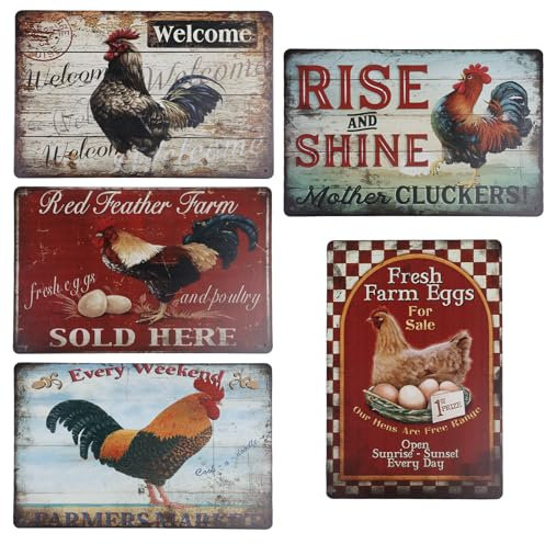 WIYETY 5 placas de metal retro de gallinas, accesorios: 20 x 30 cm, para decoración de granjas, estilo rústico, accesorios de pollo, decoración vintage para cuadros familiares