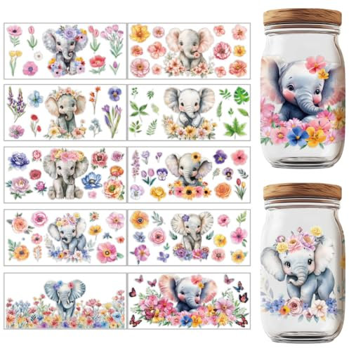 GOMAKERER UV DTF Cup Wrap, 10 Blatt Transferaufkleber Wasserfestes Zum Aufreiben Mit Blumen Elefantenmotiv Tassenfolien Abziehbilddruck UV Transferpapier Für Gläser Tassen Möbeldekorationen