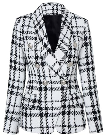 Cdkoke Femme Petit Manteau parfumé pour Le Vent Veste de Costume à Carreaux Journal de Mariage Blazer à Double Boutonnage