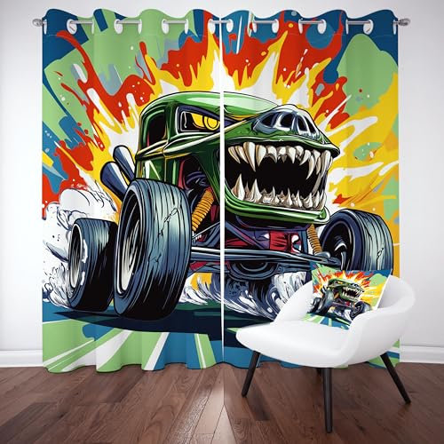 Sobhdga Monster LKW Vorhang H 225 x B 140 cm, Karikatur LKW Gardinen, Cool Lustige Kinder Verdunklungsvorhänge mit Ösen 2er Set Kälteschutz Thermovorhang für Wohnzimmer Schlafzimmer