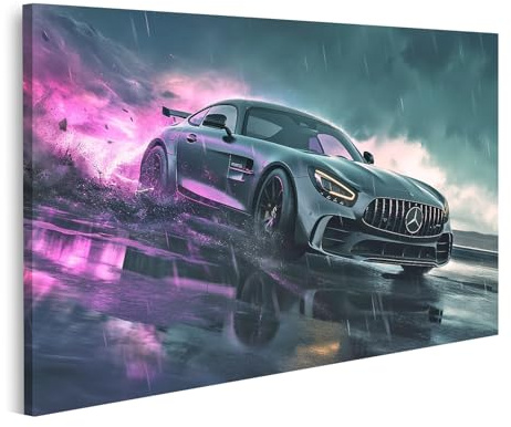 islandburner Bild auf Leinwand Neonregen AM G im Sturm für Wohnzimmer Autoliebhaber Autohaus Bilder Wandbilder Poster
