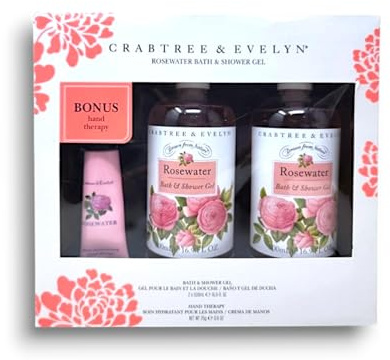 Crabtree and Evelyn | Rosewater Gift Set | 2x Bath & Shower Gel 500 mL Each & Hand Therapy 25g [Imperfect/Damaged Box]
