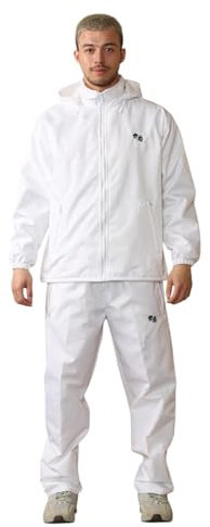 janisramone® Unisex Waterproof Bowling Jacket, Mens Waterproof Trousers, Fully Fleece Lined White Jackets With Zip Pockets Detachable Hoodie & Embroidered Logo - White Bowls Trousers for Men