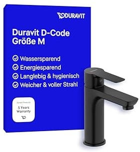 Duravit D-Code Waschtischarmatur, Größe M (Auslauf Höhe 167 mm), energiesparende Waschbecken Armatur (FreshStart), wassersparender Wasserhahn Bad (MinusFlow), Schwarz Matt