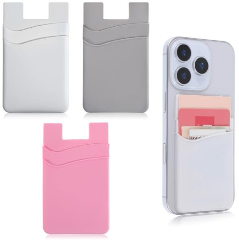 4Pcs Phone Card Holder, Silicone Phone Wallet Stick on Self Adhesive Credit Card Holder for Phones Case Compatible for Most of Cell Phones (White, Pink, Gray)