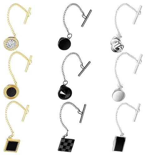 Lot de 9 pinces à cravate pour homme, design classique noir, or et cristal, connexion de chaîne en métal, parfait pour offrir, One Size, Métal, Sans pierre précieuse
