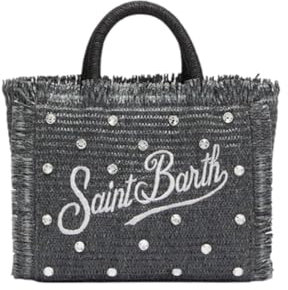 MC2 SAINT BARTH Mini-Vanity-Tasche in Strohoptik, Dekoration aus schwarzem Strass, Schwarz , Einheitsgröße