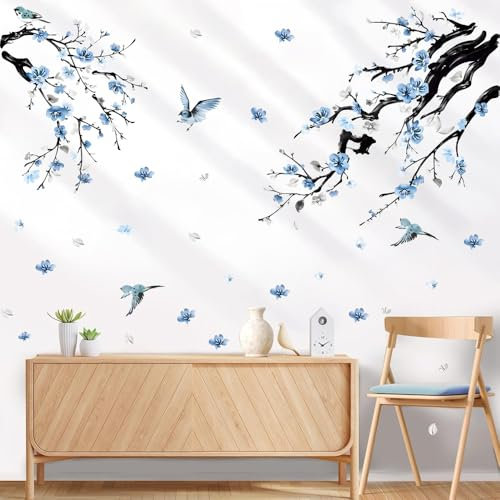 milaosk Adesivi Murali Ramo di Albero Fiore Blu Adesivi da Parete Rami Uccello Adesivi Muro Carta da Parati Decorazione Murale Soggiorno Camera da Letto Ufficio