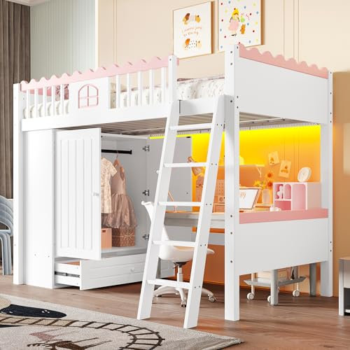 Kinderbett Etagenbett 90x200 mit LED-Leuchten, Hochbett mit Kleiderschrank&Schubladen&Leiter, Holzbett Bettgestell mit Rausfallschutz&Lattenrost, Funktionsbett Stockbett Spielbett Jugendhochbett,Weiß