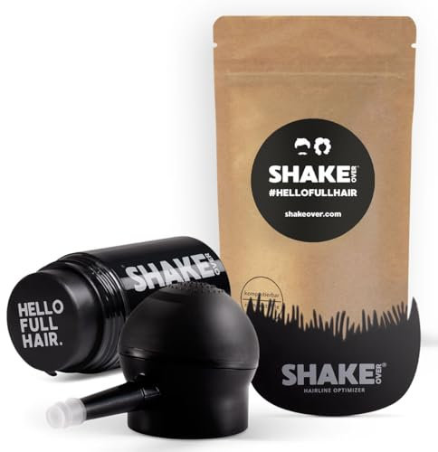 SHAKE OVER Set Veganes Streuhaar zur Haarverdichtung, mit Zink angereicherte Fasern, hochwertiges Schütthaar, Made in Europe (12 g & 30 g Refill, DARK BROWN, Spray Applicator & Hairline Optimizer)