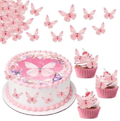 72x Essbare Schmetterling Tortendeko Geburtstag + Tortenaufleger Ø 20 cm | Esspapier Tortendeko Hochzeit, Kuchen Deko Essbar für Cupcake Muffin