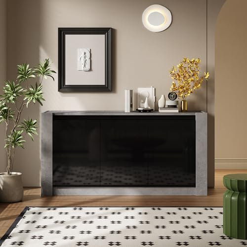 Rvjiahe Sideboard, Hochglanz farblich passender Kabinett, griffloses Design, mit Dämpfungsscharnieren und verstellbaren Einlegeböden (Schwarz und Grau)