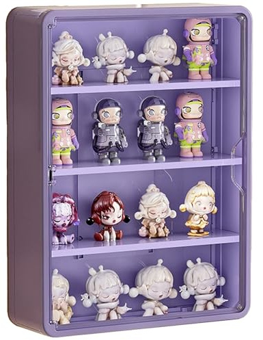 HGYZE Clear Display Case for Figures, 15.75 High, Wall Mounted Shelf with Magnetic Door, Hanging Display Case for Collectibles Action Doll Blindboxes Storage (Purple, 4-Layer 1 Pack)