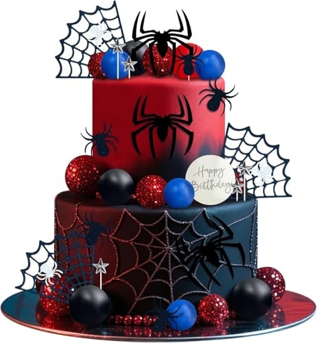 Spider Cake Topper Set, Glitter Spinnen Tortendeko Spider Kuchen Deko Happy Birthday Toppers Sterne Rot Silber Blau Kugeln Tortenaufleger für Kindergeburtstag, Thema Party (A)
