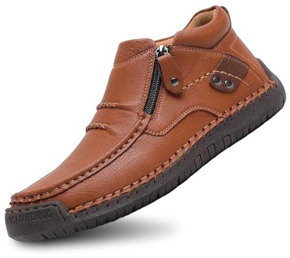 Zapatos Casuales Sin Cordones para Hombre Parte Superior Cuero Cómodos Caminar Uso Diario con Dise?o Cremallera Lateral Jeans Pantalones Casuales.