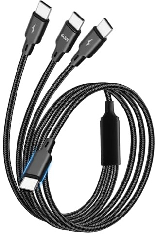 USB C Multi Charger Cable 3 in 1 usb-C Multiple Fast PD Charging Splitter 4ft Nylon Braided Cord with 3 Type-C Connectors Compatible for iPhone Samsung Galaxy Google DJI Game Controller Pad Pro Toy