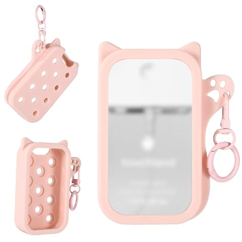 Sinbana Silicone Case for Touchland Power Mist & Glow Mist 1 fl oz/30ml, Cute Cat Protective Cover Holder Bottle with Keychain Hand Sanitizer Spray Accessories Hole Design No Charm (Pink)