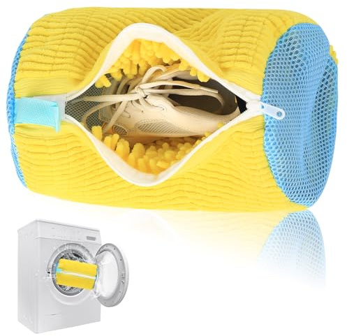 BieMian 360° Zipper Mesh Shoe Wash Bag for Machine - Yellow | 360° mesh wash bag with zipper, protects trainers in wash. Reusable, durable, yellow.