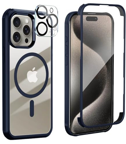 Leedia Kompatibel mit Magsafe iPhone 15 Pro Hülle 360 Grad Schutz Blau