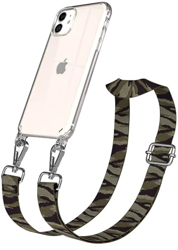 EAZY CASE Handykette - Verstellbares Taschenband kompatibel mit iPhone 11, Schulterriemen, Handykordel mit Silikon Hülle, Umhängetasche, Grün Camouflage Silber