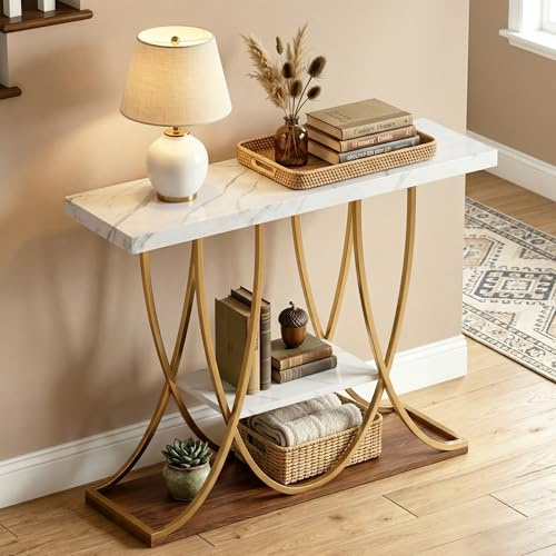 DAWNYIELD 3-Tier Console Table with Curved Metal Frame, Gold | 98cm Industrial Entryway Table with Storage Shelves, Side Table Behind Couch, Narrow Sofa Table for Hallway, Living Room