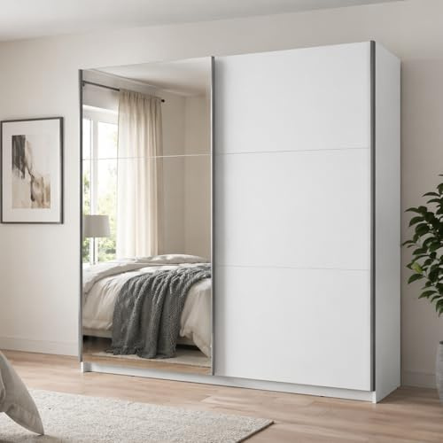 Home Collective Schwebetürenschrank Kleiderschrank Schrank mit Spiegel und Schiebetüren | viel Stauraum mit 5 Einlegeböden & Kleiderstange | modern Schlafzimmer Jugendzimmer Möbel | weiß mit Spiegel